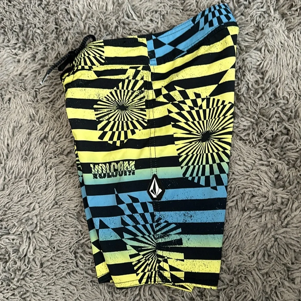 Volcom Boys Black Yellow Blue Striped Swim Trunks